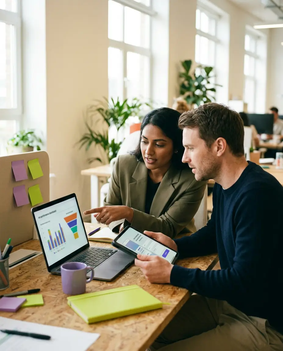 Two marketers reviewing an ad performance dashboard on a laptop and a tablet