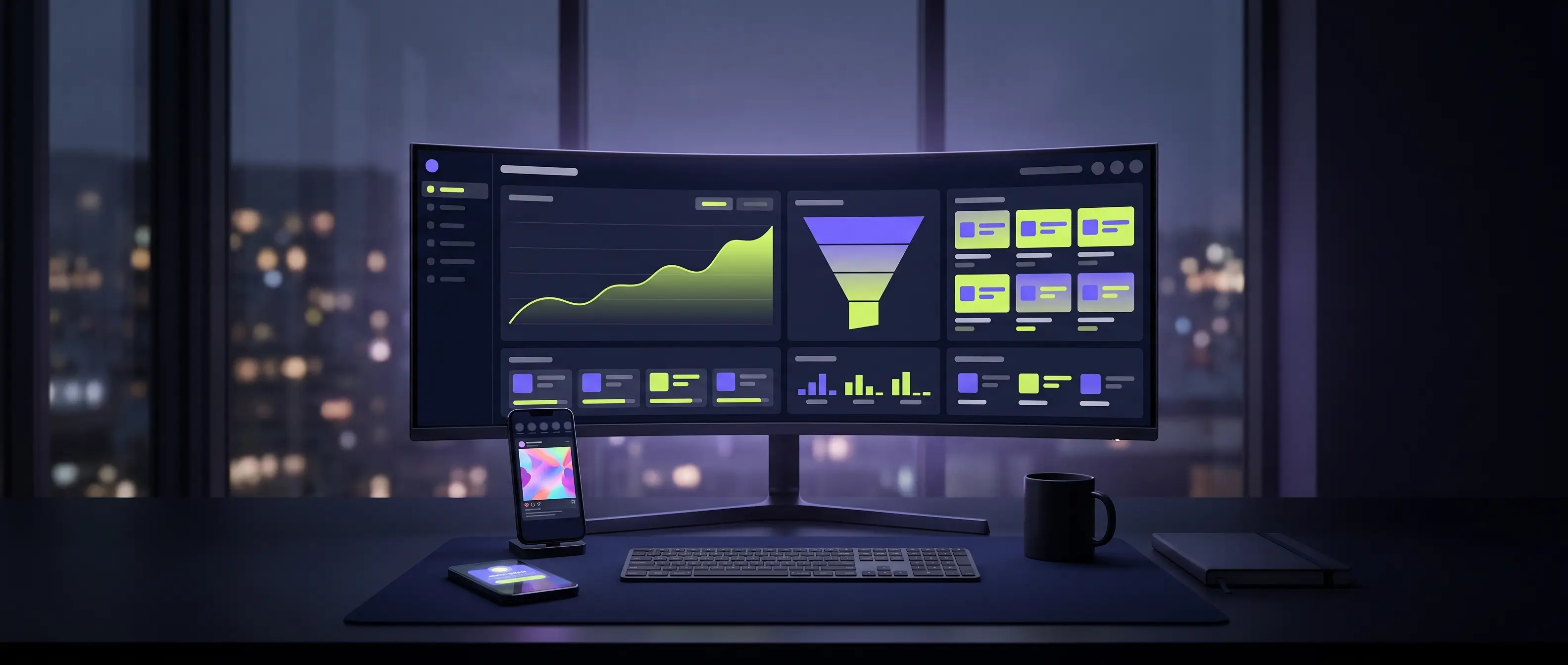 Ad performance dashboard with a rising results chart and a conversion funnel on a monitor in a dark office