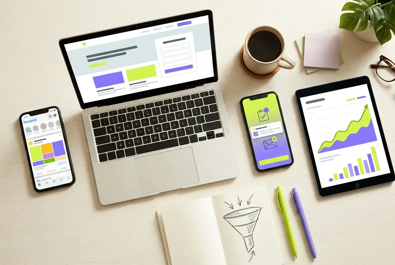 Laptop showing a landing page, phones showing a social ad and a lead form, and a tablet with a rising chart on a desk